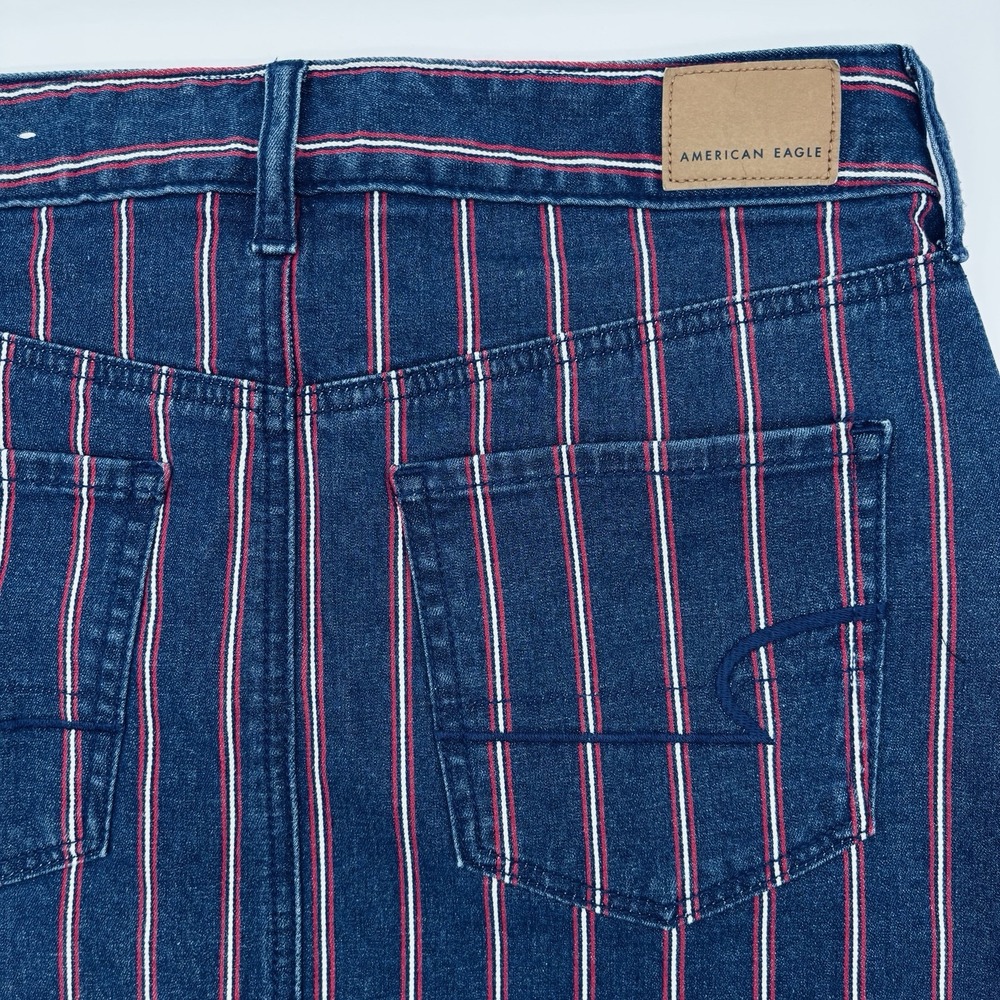 American Eagle Skirt Womens 10 Blue Red Striped Denim Jean Mini Stretch Raw Edge - Picture 6 of 10